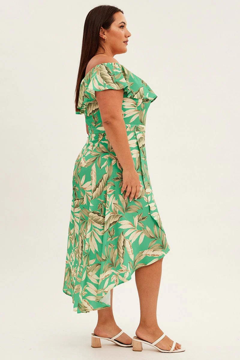 Green Floral Maxi Dress Off Shoulder Crepe - Image 4
