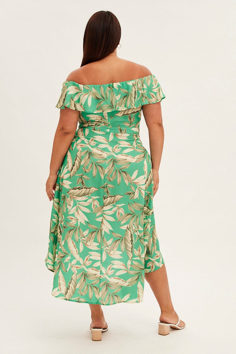 Green Floral Maxi Dress Off Shoulder Crepe - Image 5