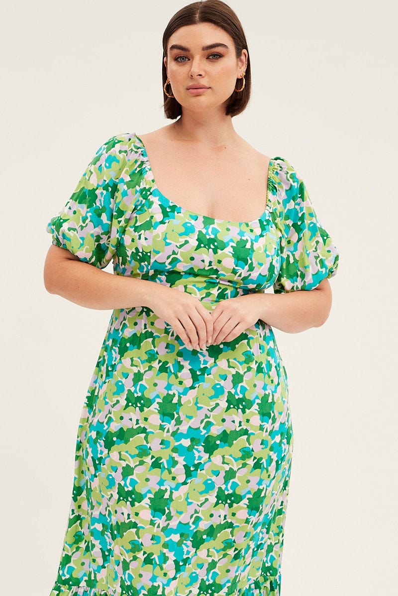 Green Floral Midi Dress Puff Sleeve Tie Front Rayon - Image 2
