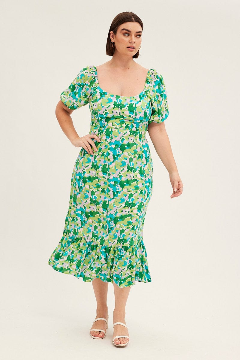 Green Floral Midi Dress Puff Sleeve Tie Front Rayon - Image 3