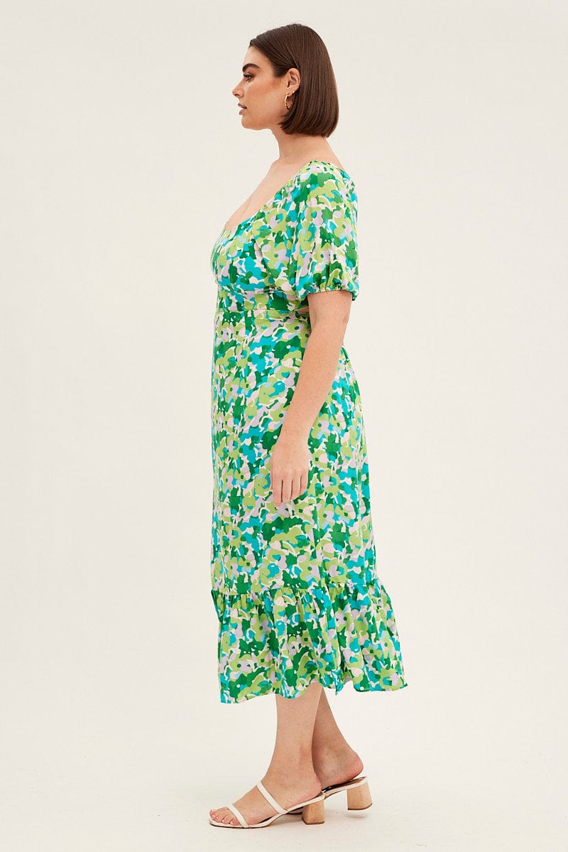 Green Floral Midi Dress Puff Sleeve Tie Front Rayon - Image 4
