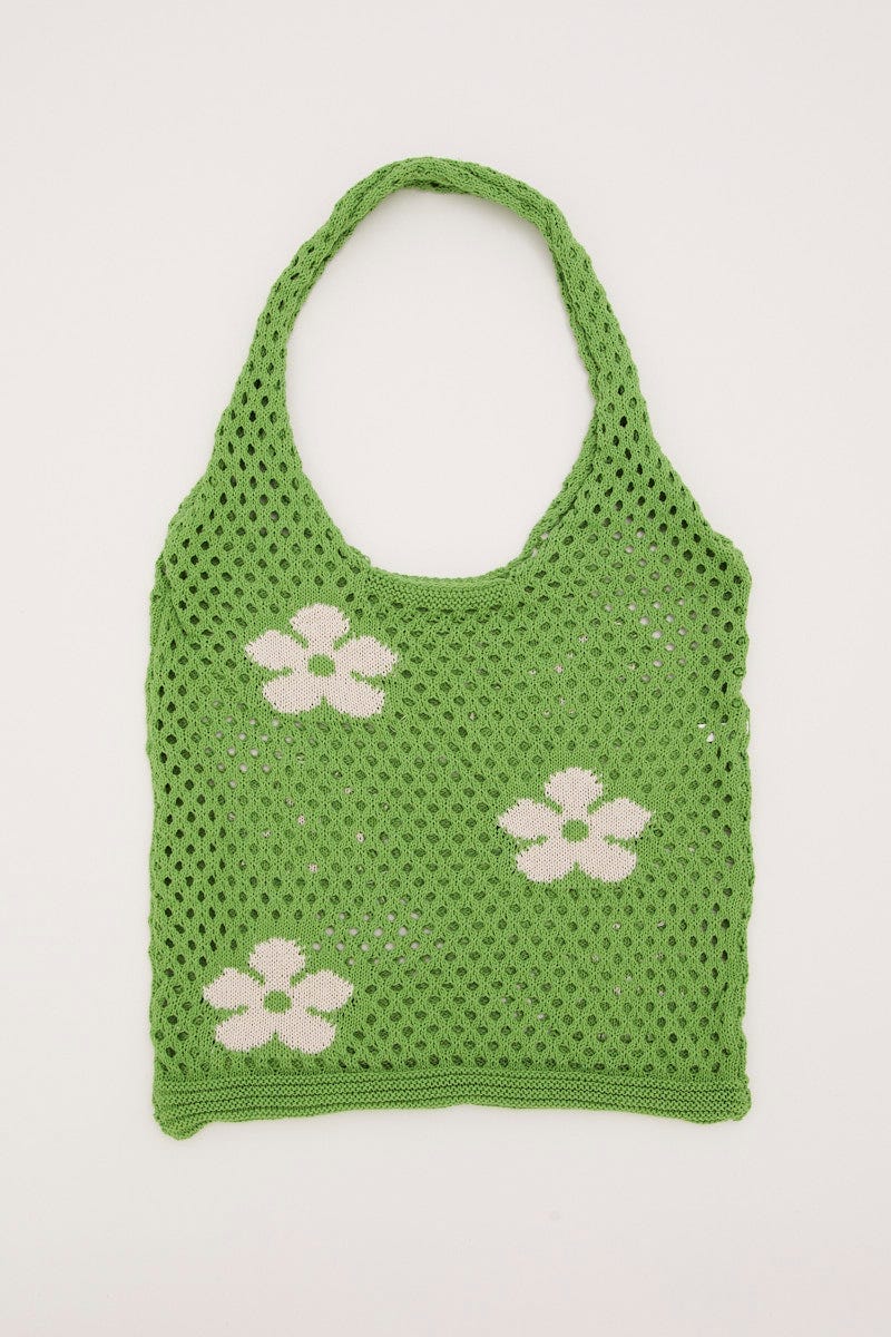 Green Floral Print Crochet Shopper Bag