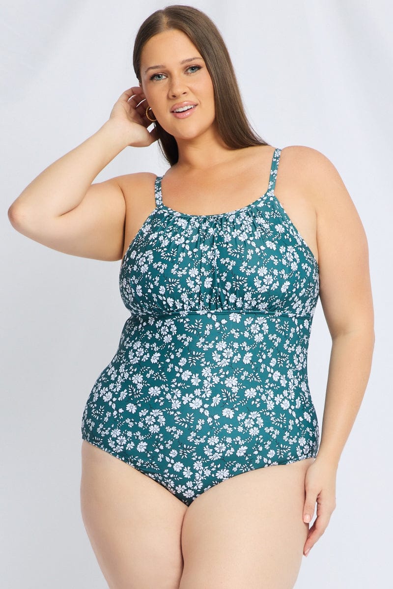 Green Floral Ruched Detail One Piece Swimsuit - Image 2