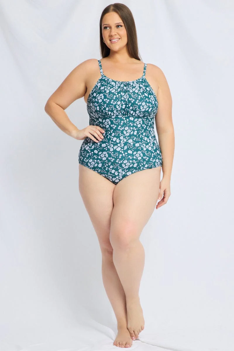 Green Floral Ruched Detail One Piece Swimsuit - Image 3