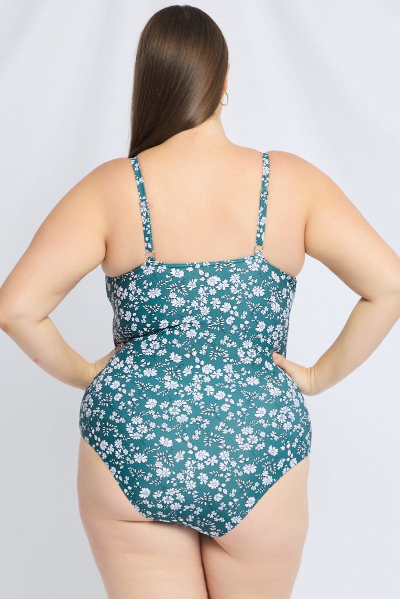 Green Floral Ruched Detail One Piece Swimsuit - Image 5