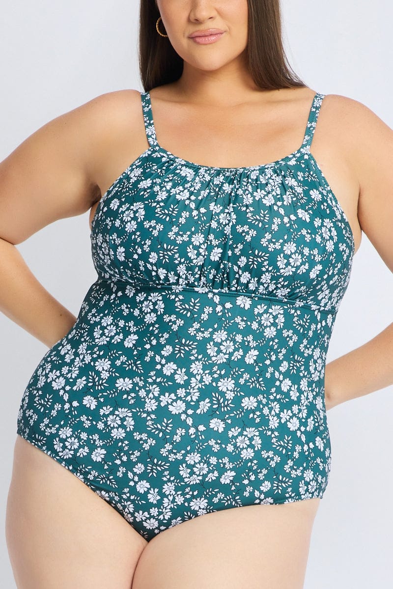 Green Floral Ruched Detail One Piece Swimsuit - Image 6