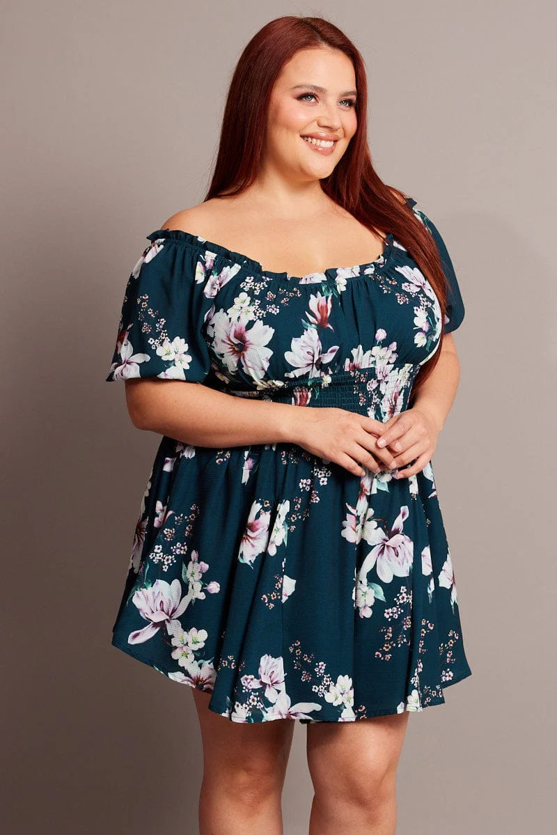 Green Floral Ruched Playsuit Short Sleeve - Image 3