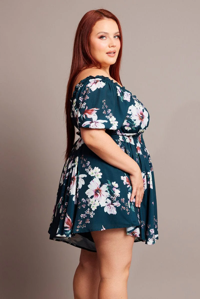 Green Floral Ruched Playsuit Short Sleeve - Image 4
