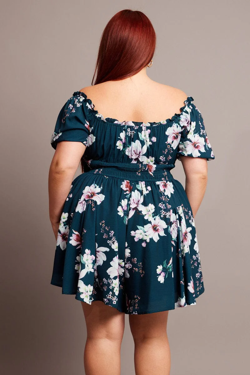 Green Floral Ruched Playsuit Short Sleeve - Image 5
