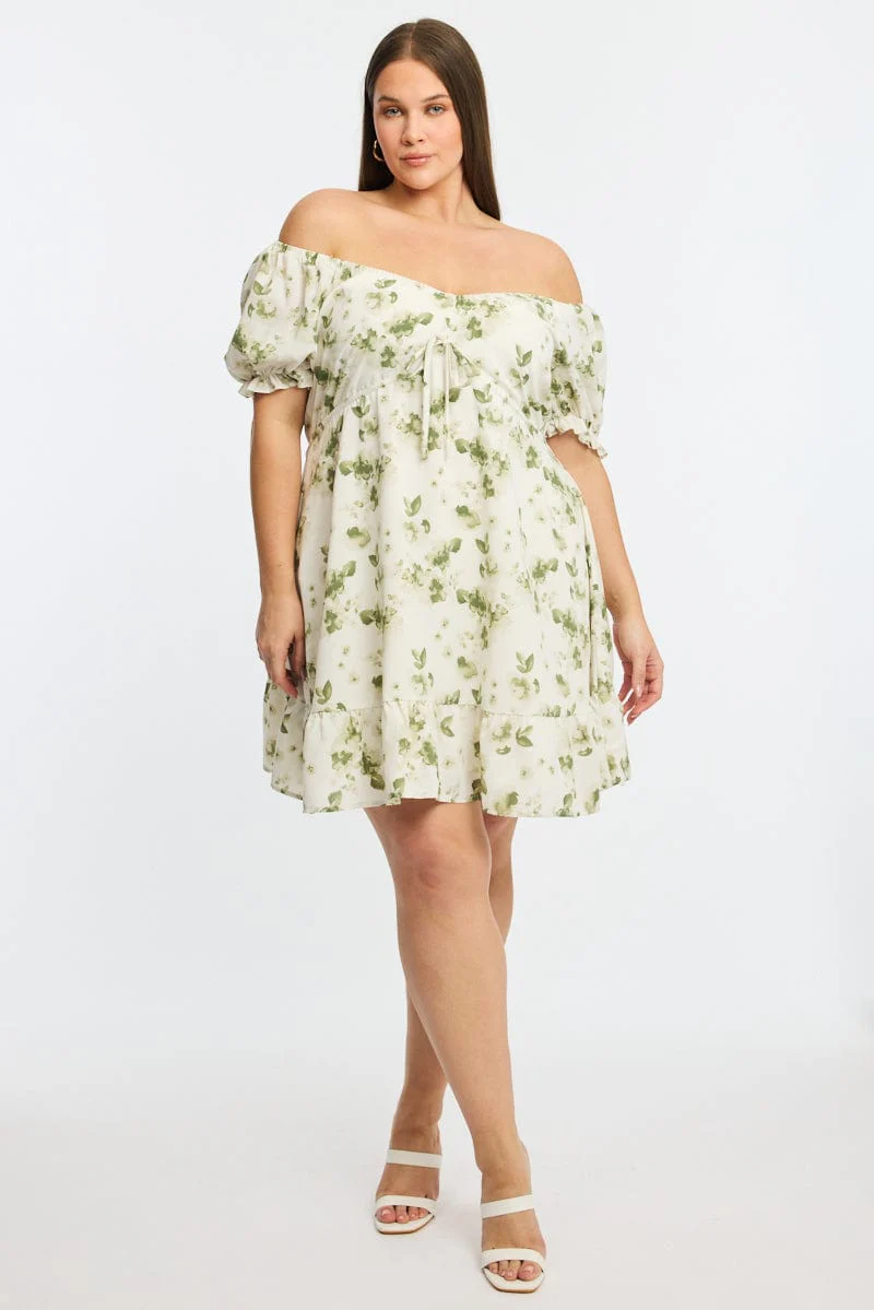 Green Floral Skater Dress Short Sleeve Ruched - Image 2