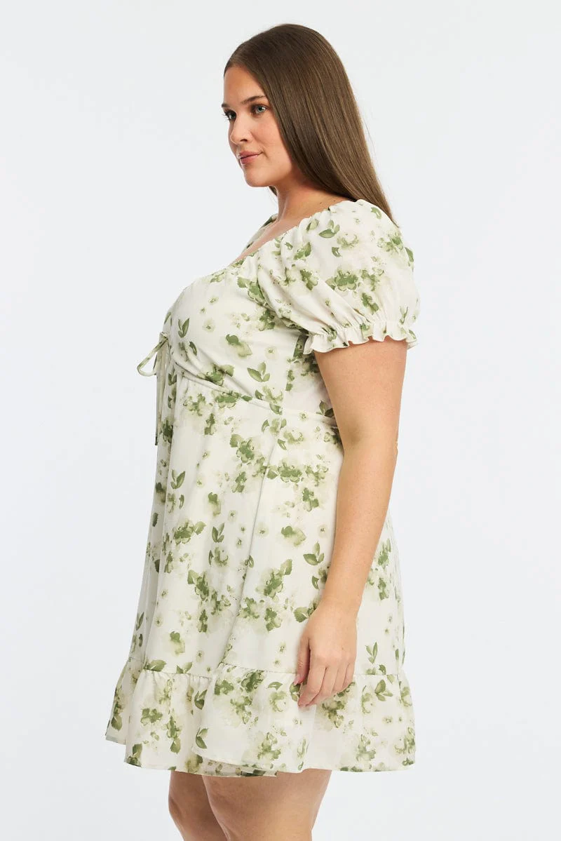 Green Floral Skater Dress Short Sleeve Ruched - Image 3