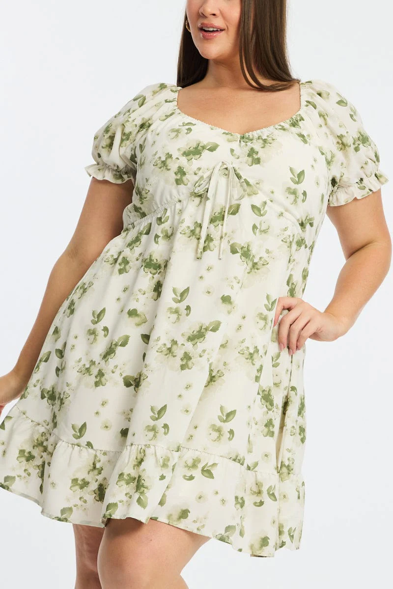 Green Floral Skater Dress Short Sleeve Ruched - Image 5