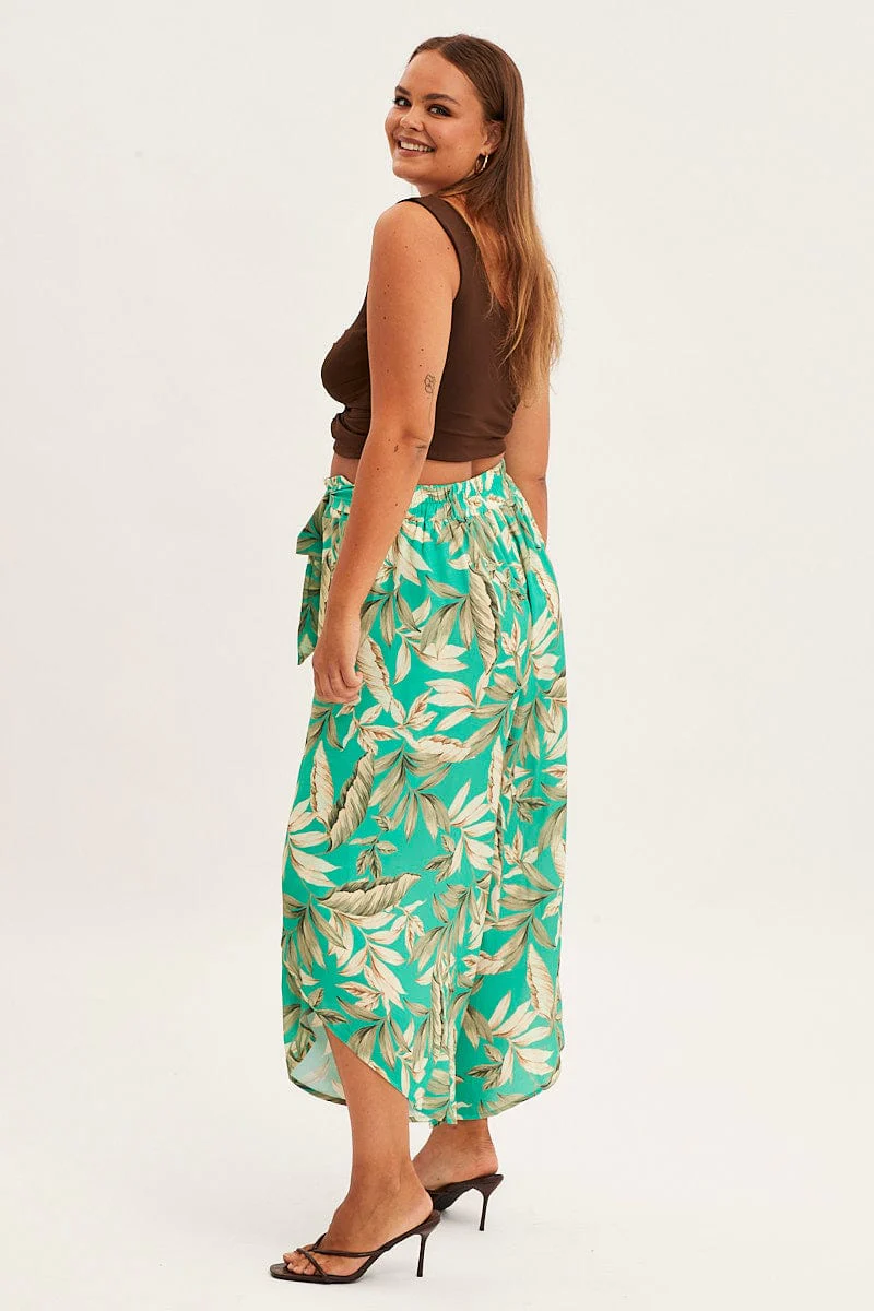 Green Floral Wide Pant Elastic Waist Split Leg - Image 4