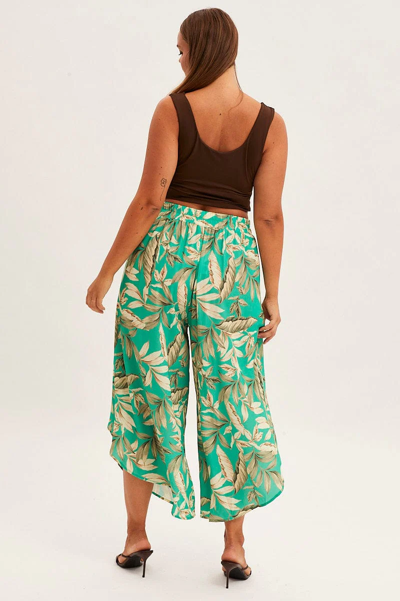 Green Floral Wide Pant Elastic Waist Split Leg - Image 5