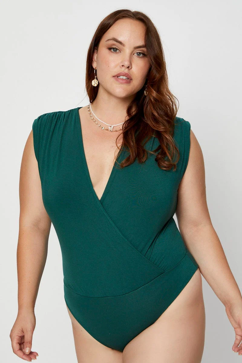 Green Front Bodysuit Shoulder Pad Sleeveless Jersey Wrap - Image 2
