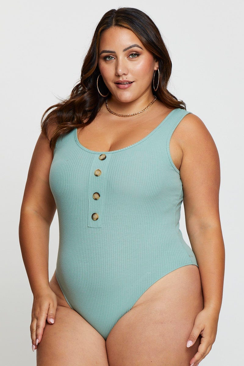 Green Front Bodysuit Sleeveless Rib Button - Image 2