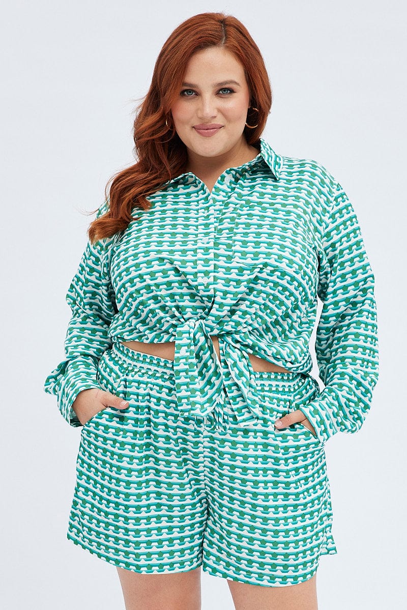 Green Geo Mini Shorts High Rise Elasticated Waist