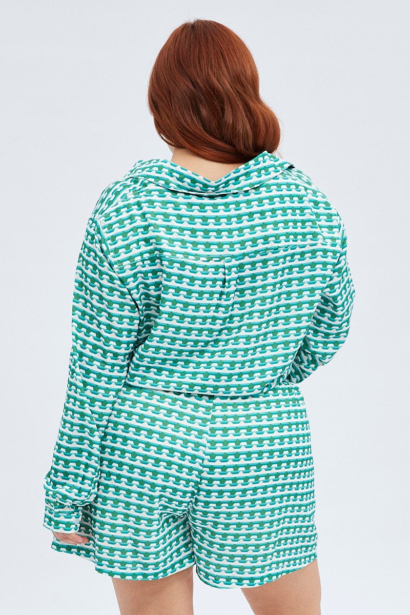 Green Geo Mini Shorts High Rise Elasticated Waist - Image 5
