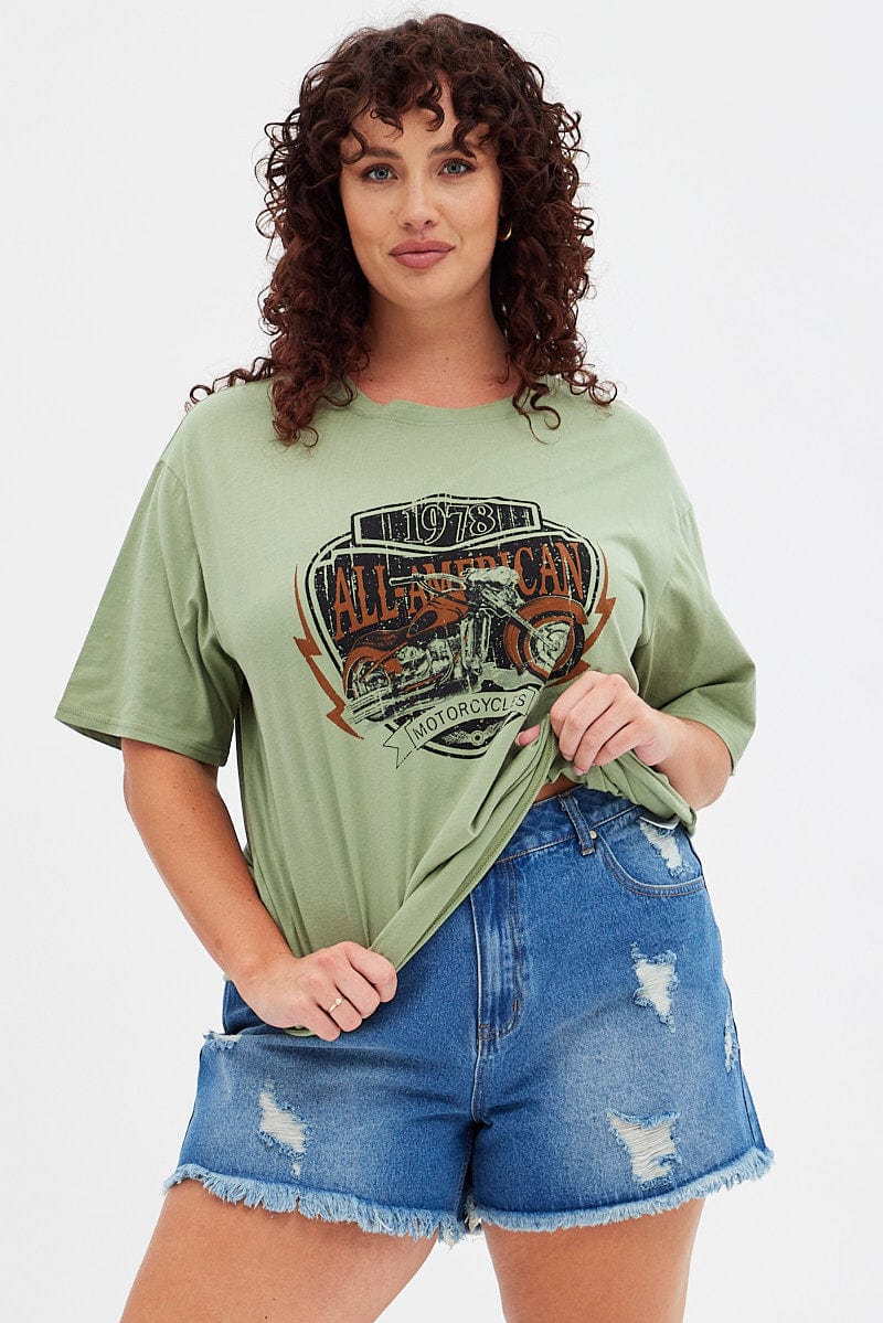 Green Graphic T-shirt American Motorbike Cotton Jersey