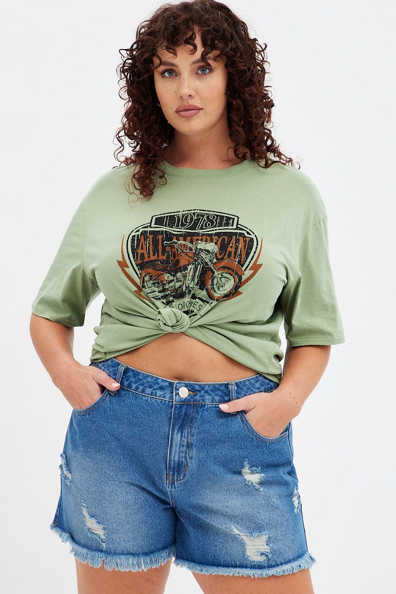 Green Graphic T-shirt American Motorbike Cotton Jersey - Image 3