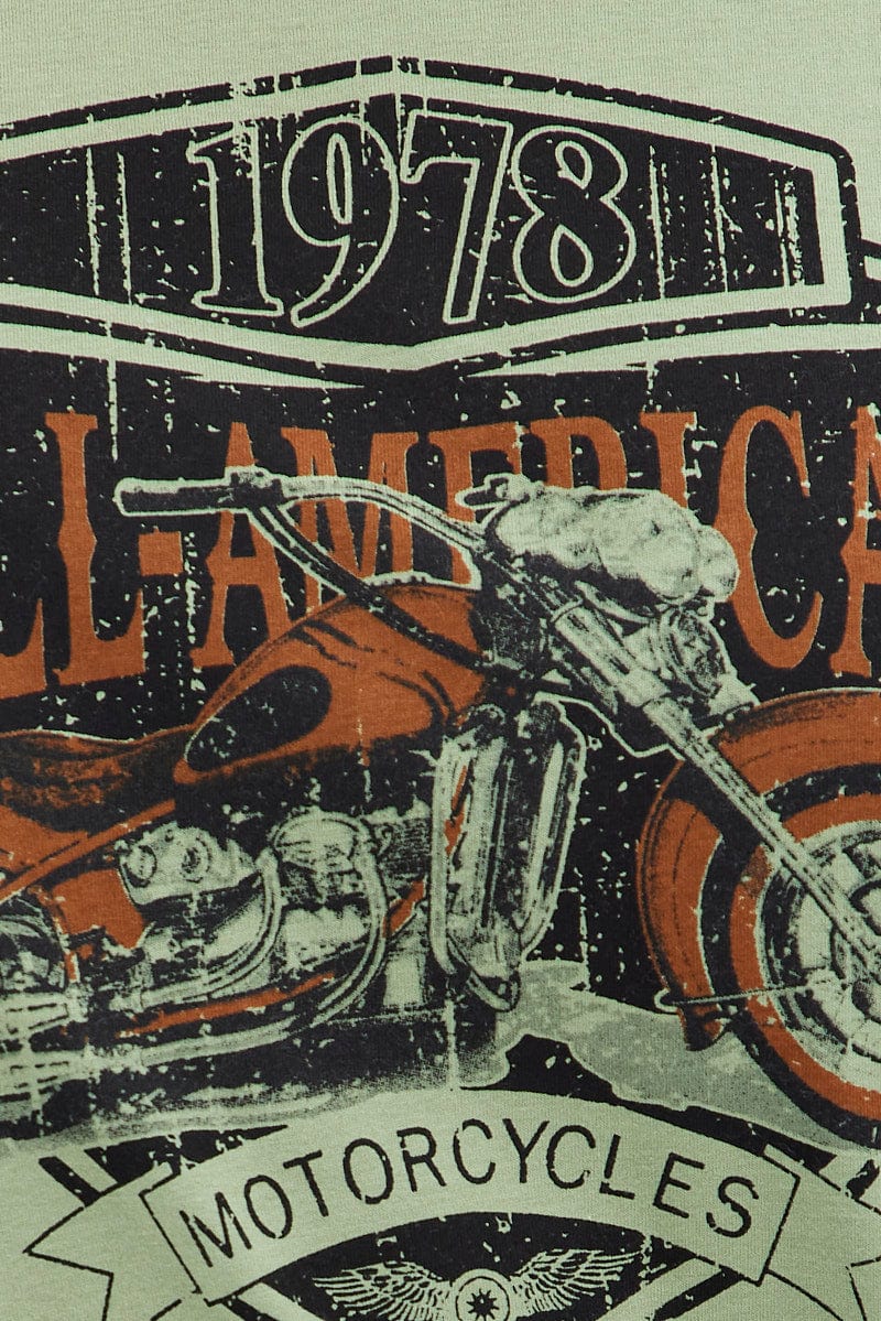Green Graphic T-shirt American Motorbike Cotton Jersey - Image 6