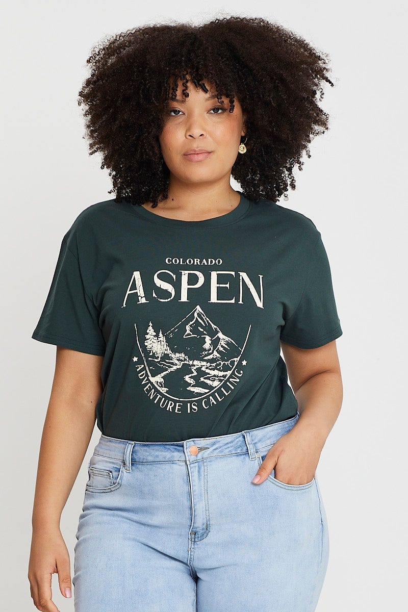 Green Graphic T-shirt Aspen Short Sleeve Cotton