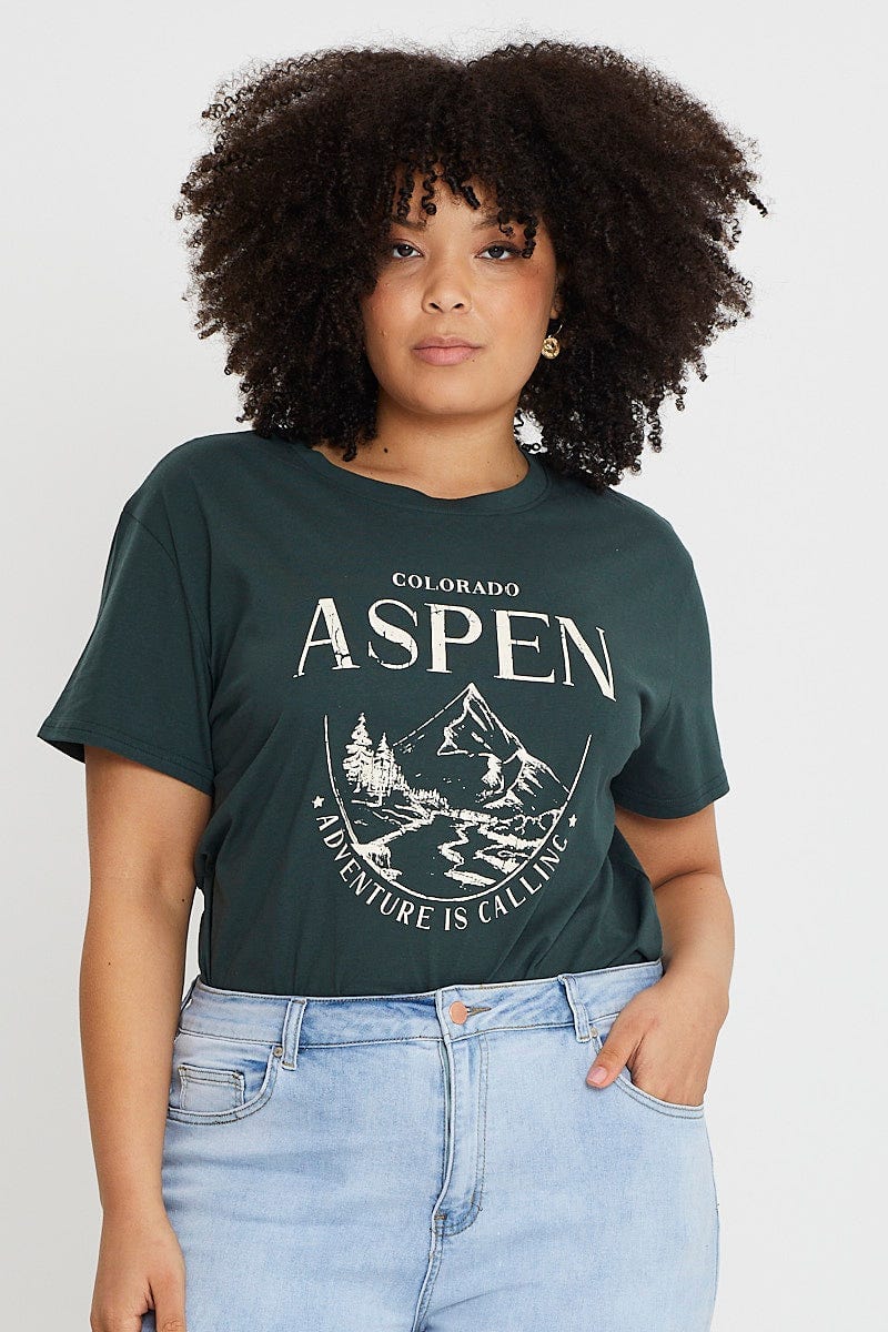 Green Graphic T-shirt Aspen Short Sleeve Cotton - Image 3