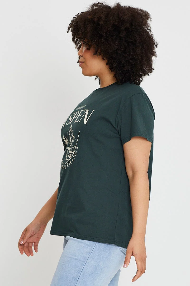 Green Graphic T-shirt Aspen Short Sleeve Cotton - Image 4