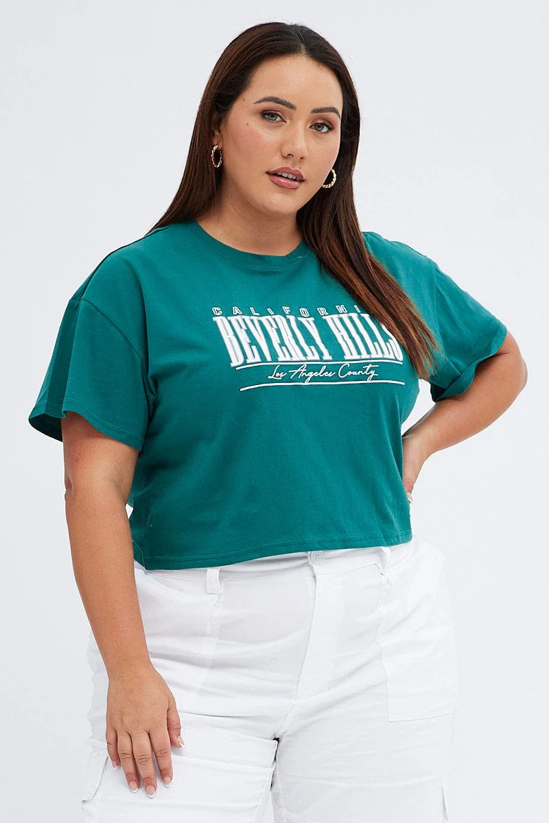 Green Graphic T-shirt Beverly Hills Puff And Embroidered