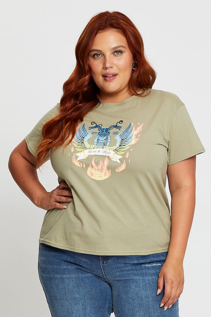 Green Graphic T-shirt Born To Ride Short Sleeve Cotton