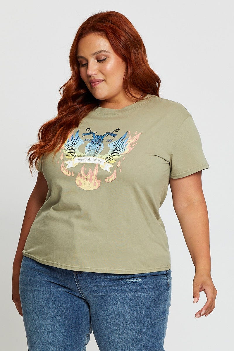 Green Graphic T-shirt Born To Ride Short Sleeve Cotton - Image 3