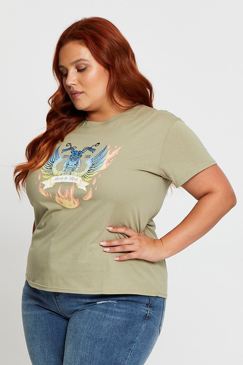 Green Graphic T-shirt Born To Ride Short Sleeve Cotton - Image 4