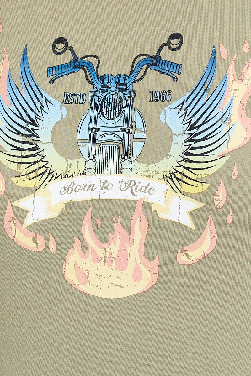 Green Graphic T-shirt Born To Ride Short Sleeve Cotton - Image 6