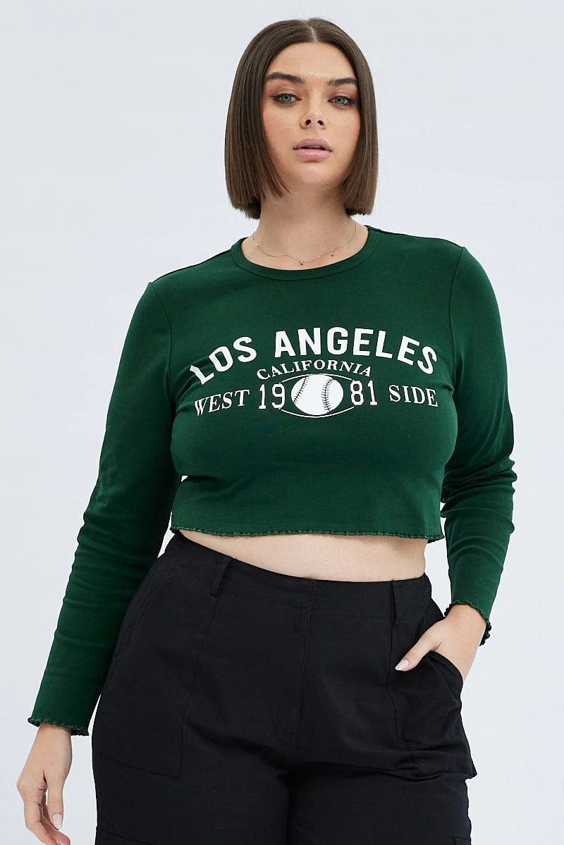 Green Graphic T-shirt Long Sleeve Crew Neck - Image 3