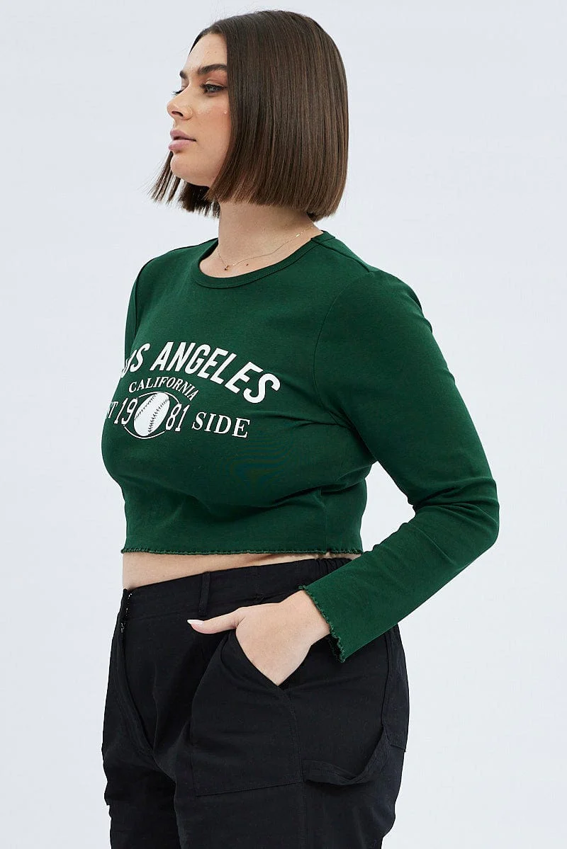 Green Graphic T-shirt Long Sleeve Crew Neck - Image 4