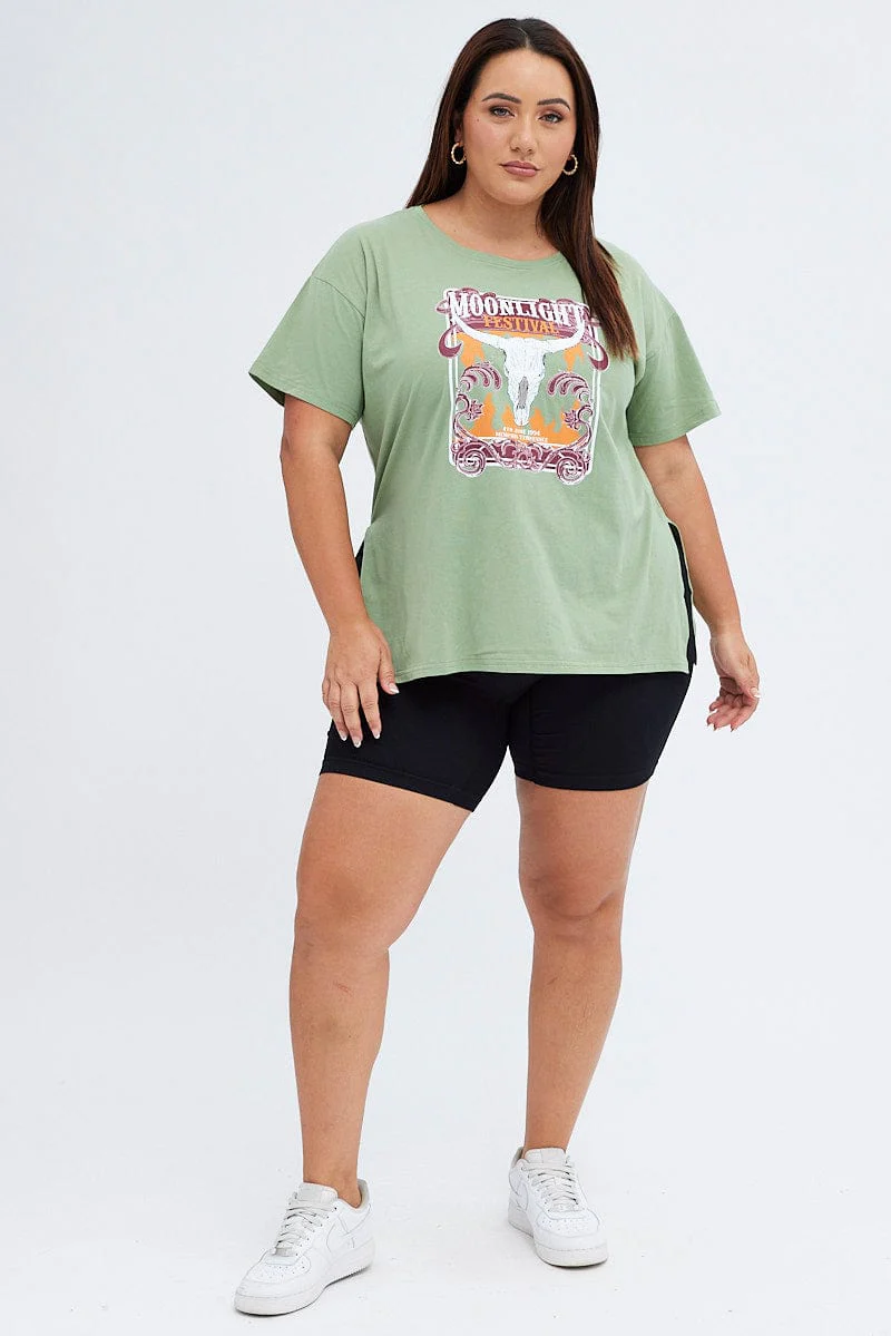 Green Graphic T-shirt Moonlight Festival Print - Image 2