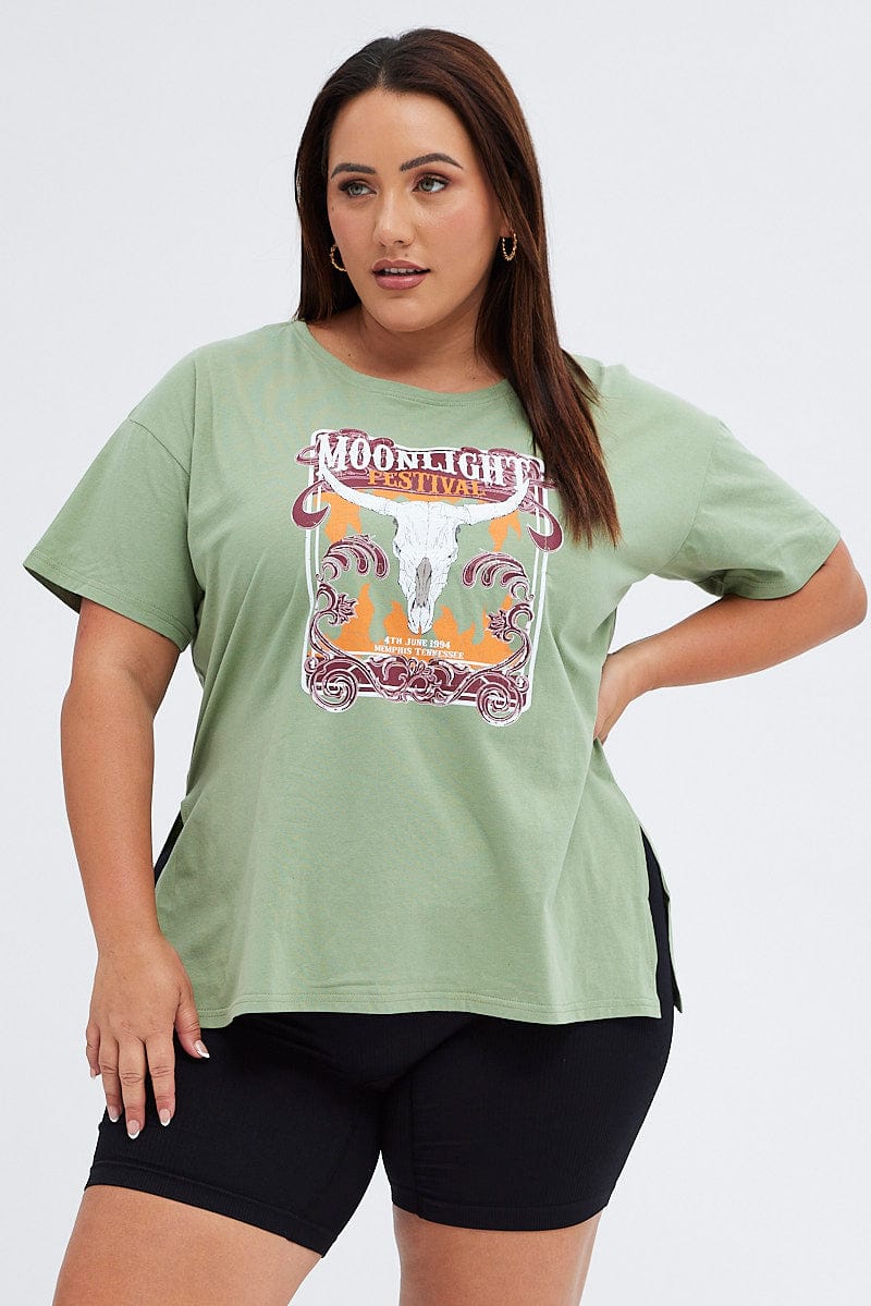 Green Graphic T-shirt Moonlight Festival Print - Image 3