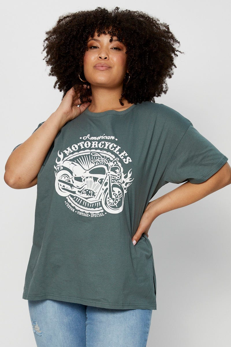 Green Graphic T-shirt Moto Short Sleeve Cotton - Image 3