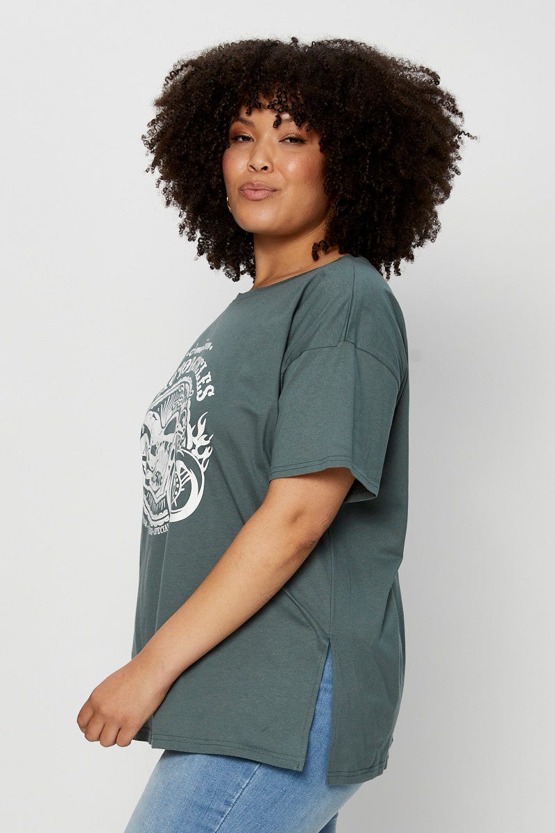 Green Graphic T-shirt Moto Short Sleeve Cotton - Image 4