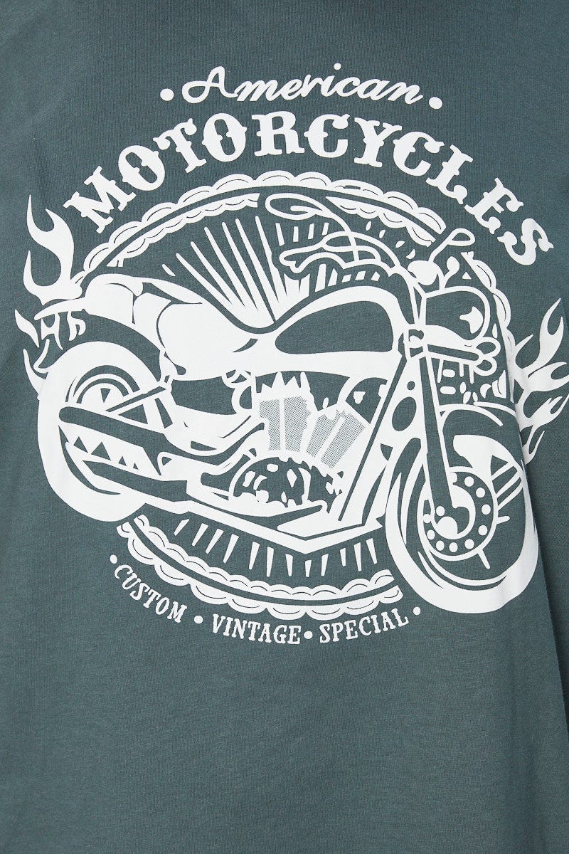 Green Graphic T-shirt Moto Short Sleeve Cotton - Image 6