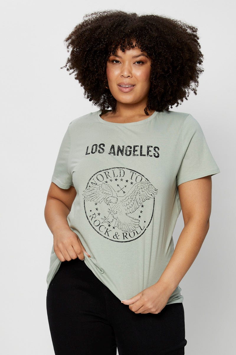 Green Graphic T-shirt Short Sleeve Cotton
