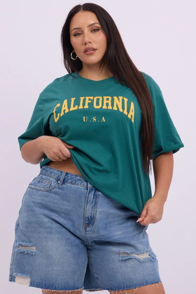 Green Graphic T shirt Short Sleeve Crew Neck