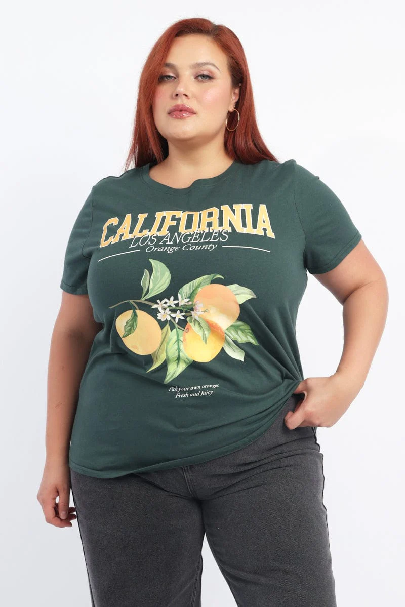 Green Graphic T Shirt Short Sleeve Crew Neck