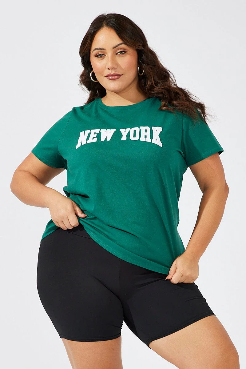 Green Graphic T-shirt Short Sleeve Crew Neck New York