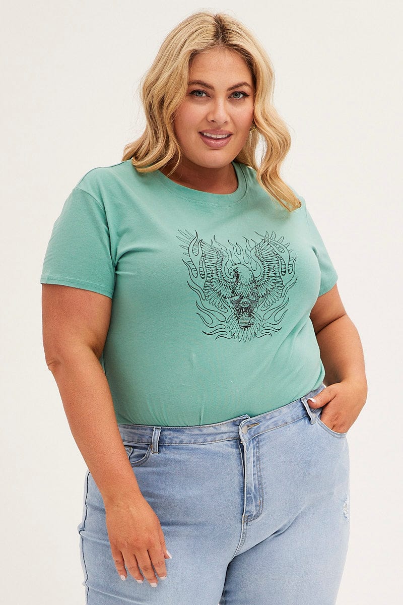 Green Graphic T-shirt Short Sleeve Eagle Outline Cotton - Image 3