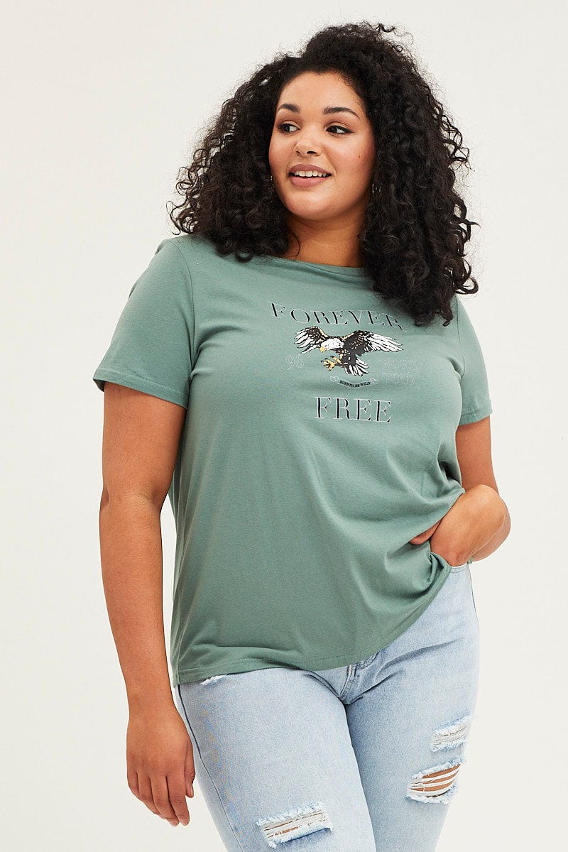 Green Graphic T-shirt Short Sleeve Eagle Print Cotton