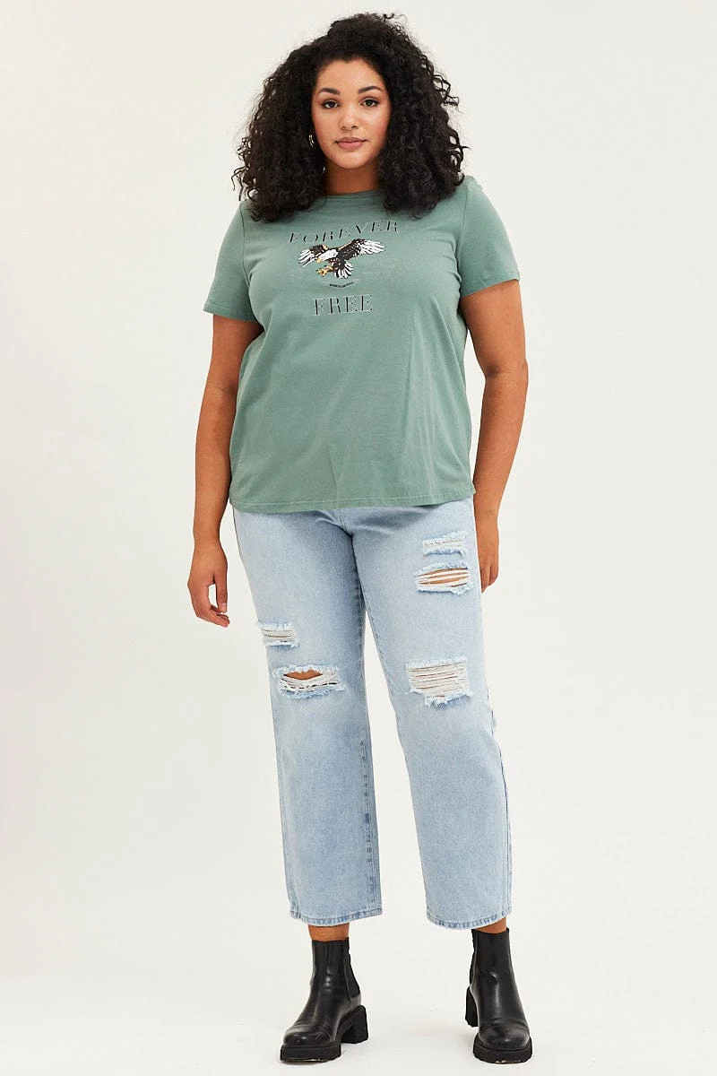 Green Graphic T-shirt Short Sleeve Eagle Print Cotton - Image 2