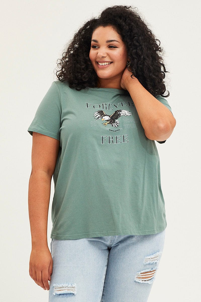 Green Graphic T-shirt Short Sleeve Eagle Print Cotton - Image 3