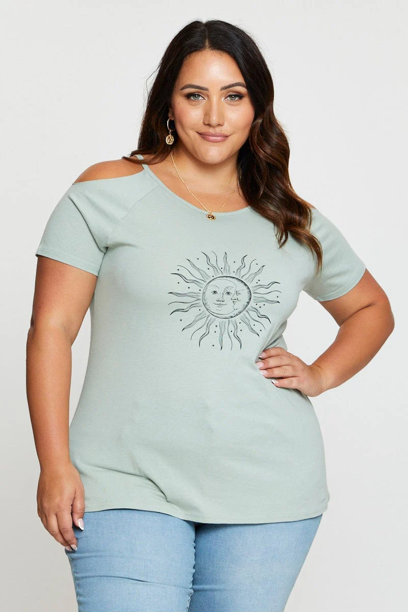 Green Graphic T-shirt Sun Short Sleeve Cold Shoulder