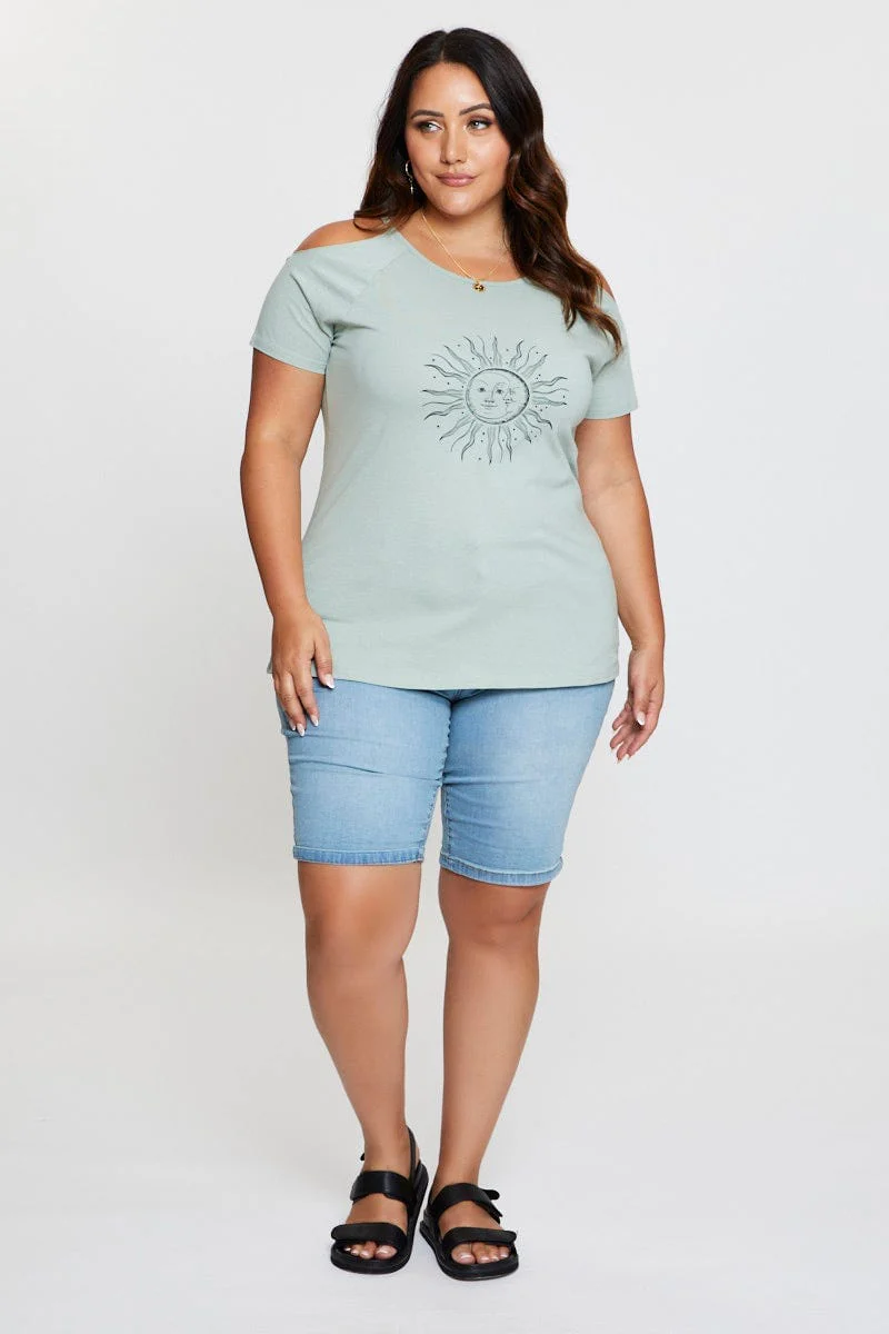 Green Graphic T-shirt Sun Short Sleeve Cold Shoulder - Image 2